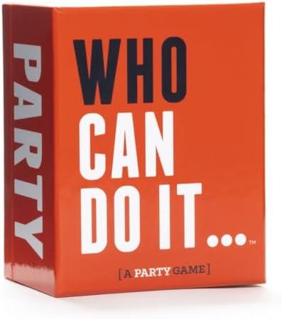 A colorful game box with a bright orange background, featuring the text "WHO CAN DO IT..." in bold black and white letters, along with "[ A PARTY GAME ]" at the bottom.