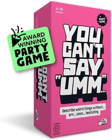 A colorful box for a party game titled "You Can't Say 'Umm'," featuring bold text and a note that it is an award-winning game suitable for 4 to 10 players. The box encourages players to describe items without hesitating.