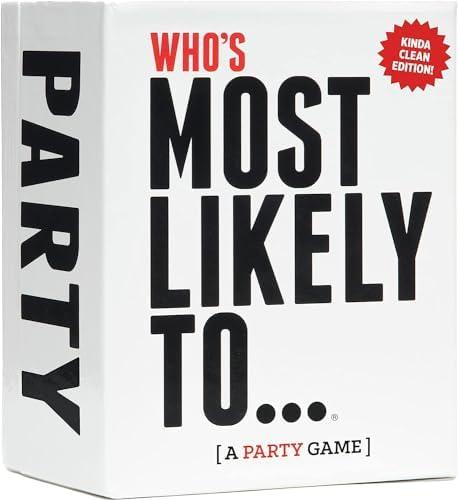 A box of the party game "Who's Most Likely To..." featuring large black text on a white background, with a red starburst that says "Kinda Clean Edition!"