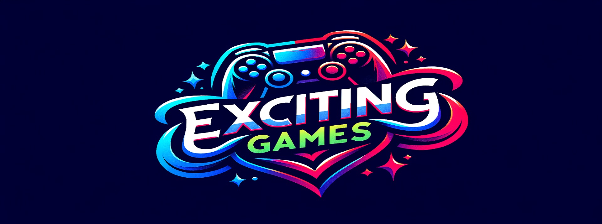 Colorful logo featuring the text "Exciting Games" with a game controller illustration above it, set against a dark background.