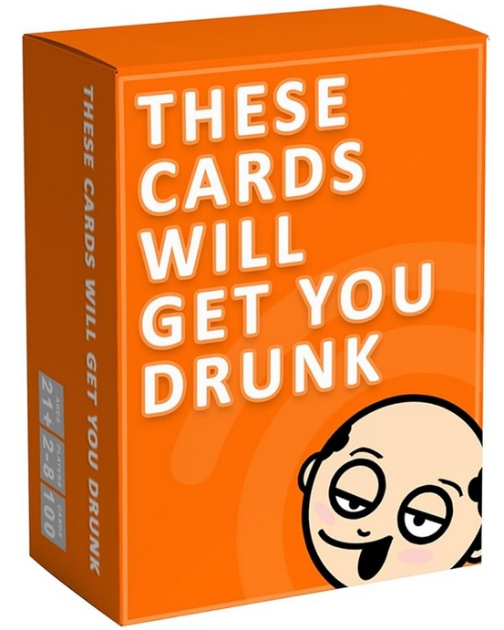 Bright orange box with cartoonish character and text that reads "THESE CARDS WILL GET YOU DRUNK" on the front, along with additional text indicating the game is for ages 21+, with a total of 100 cards.